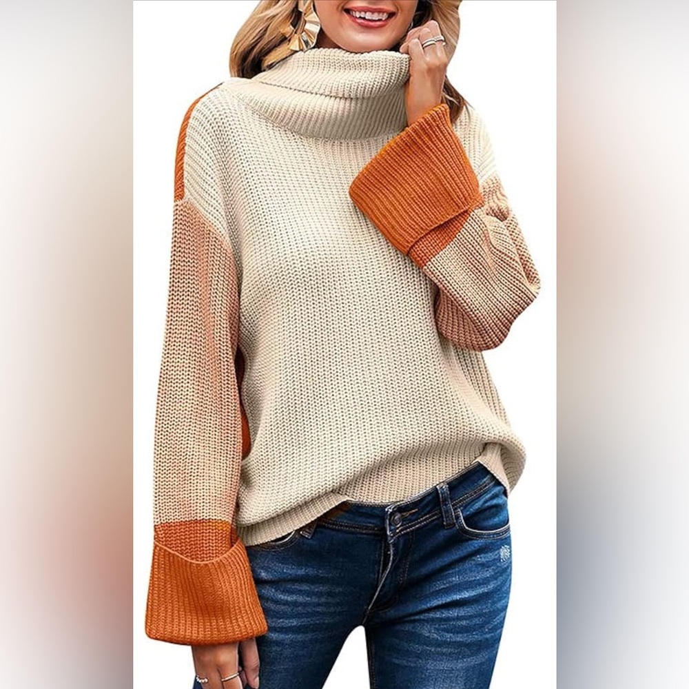 Simplee Apparel Cream and Orange Cowl Neck Sweater - Picture 3 of 7